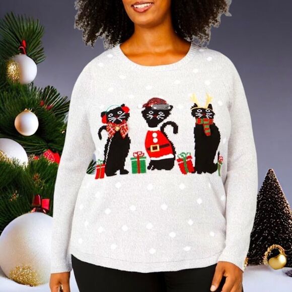 Karen Scott Holiday Meowy Cat NOT-Ugly Christmas Sweater in Gray 1X - Picture 9 of 11